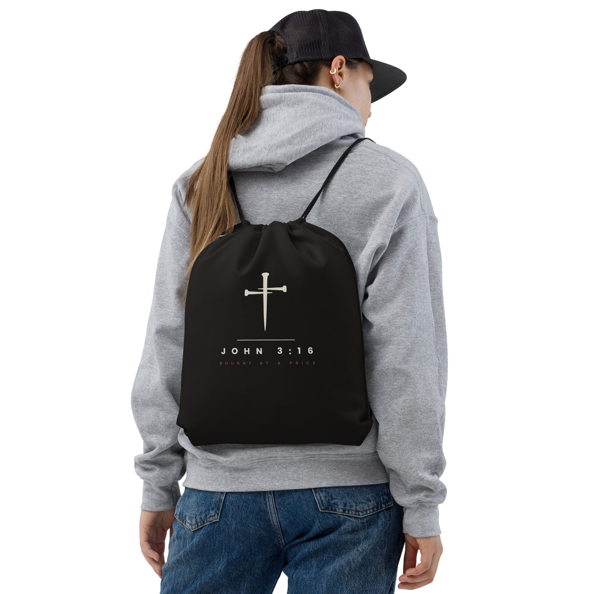 Front view of the PureBred Faith John 3:16 drawstring bag