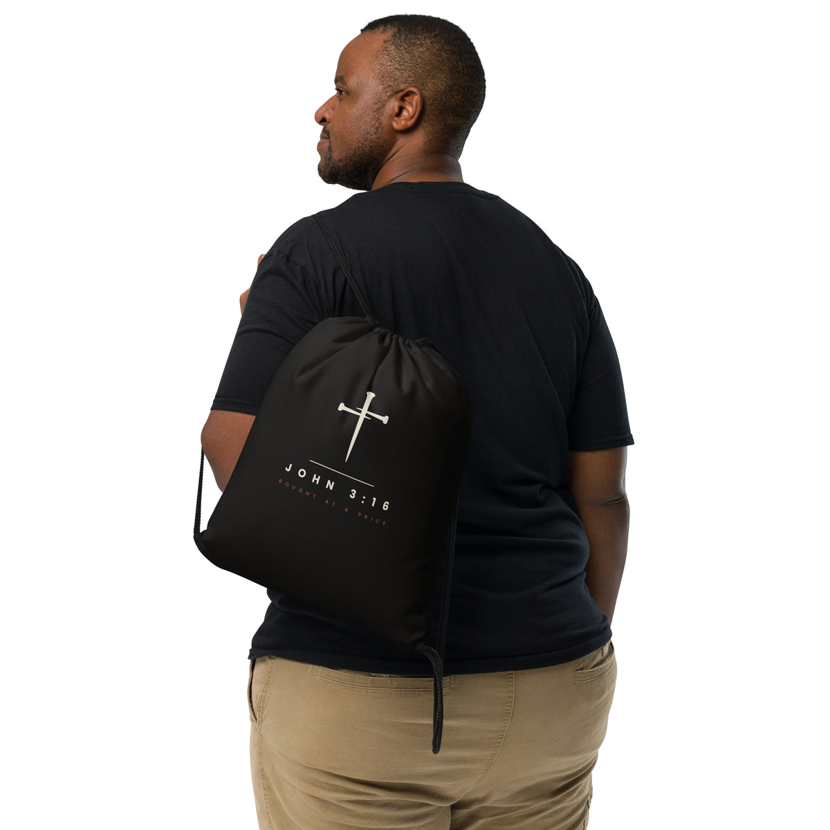 Model wearing the John 3:16 drawstring gym bag as a backpack