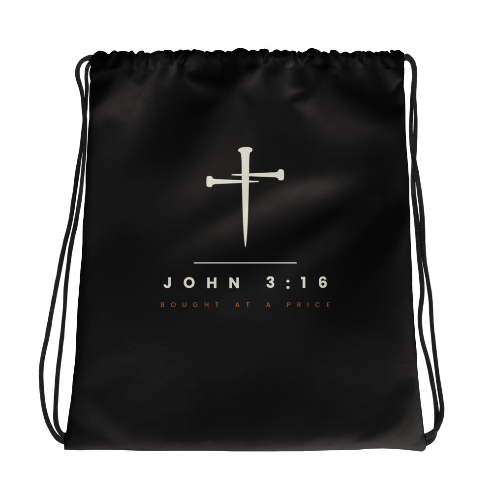 John 3:16 drawstring bag carried at the side