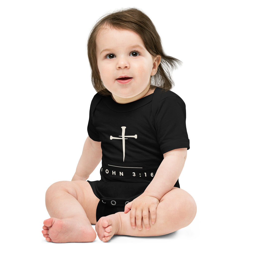 Christian baby onesie in black with a three-nail cross and the John 3:16 verse