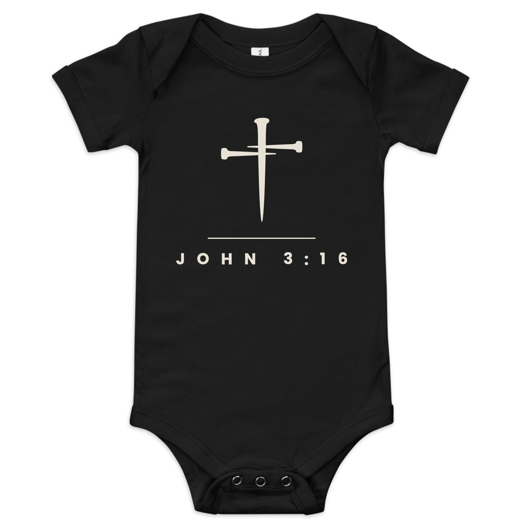 Black baby onesie with a cream three-nail cross and JOHN 3:16 - PureBred Faith