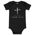 Black baby onesie with a cream three-nail cross and JOHN 3:16 - PureBred Faith