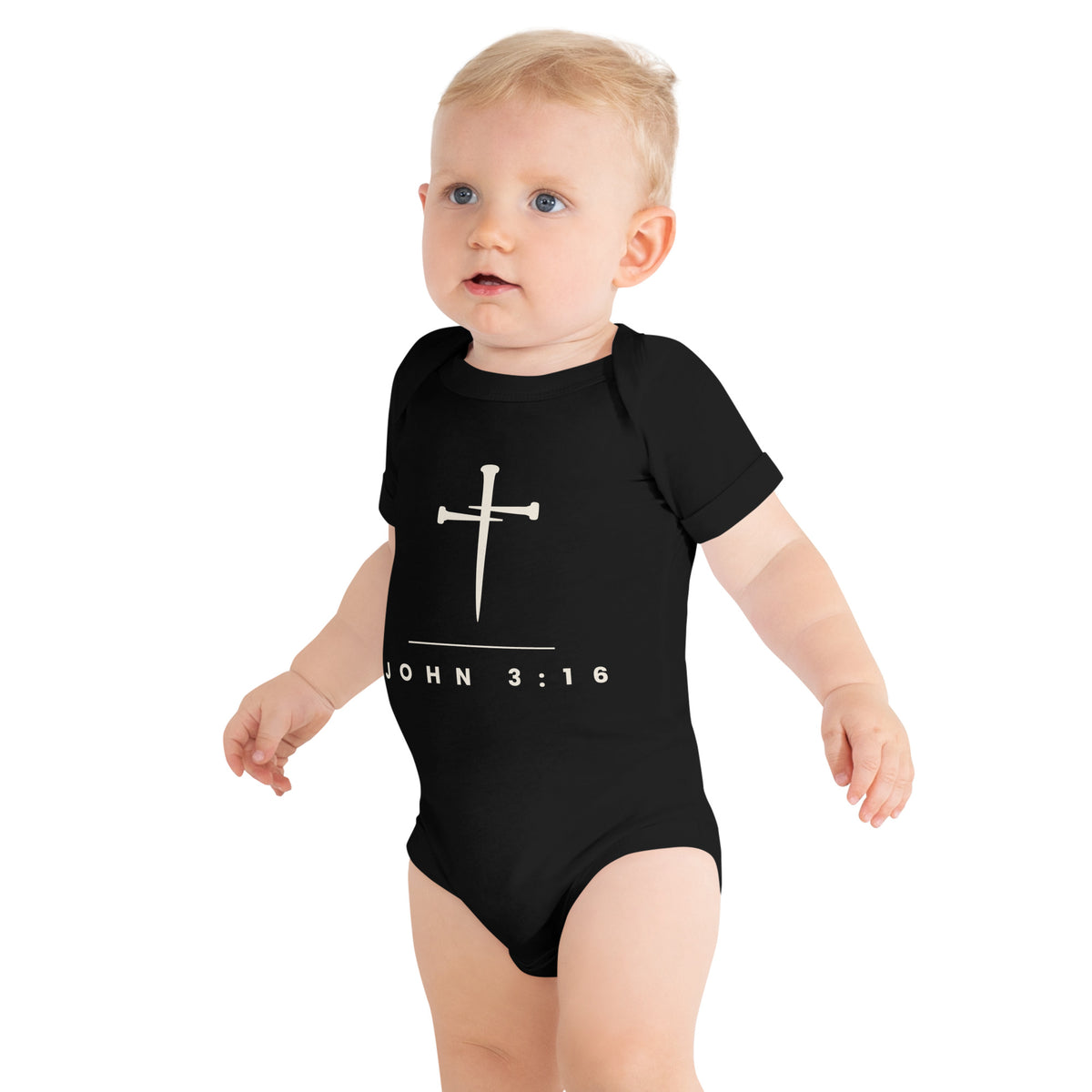 John 3:16 cross and nails baby one piece in black, Bella + Canvas 100B