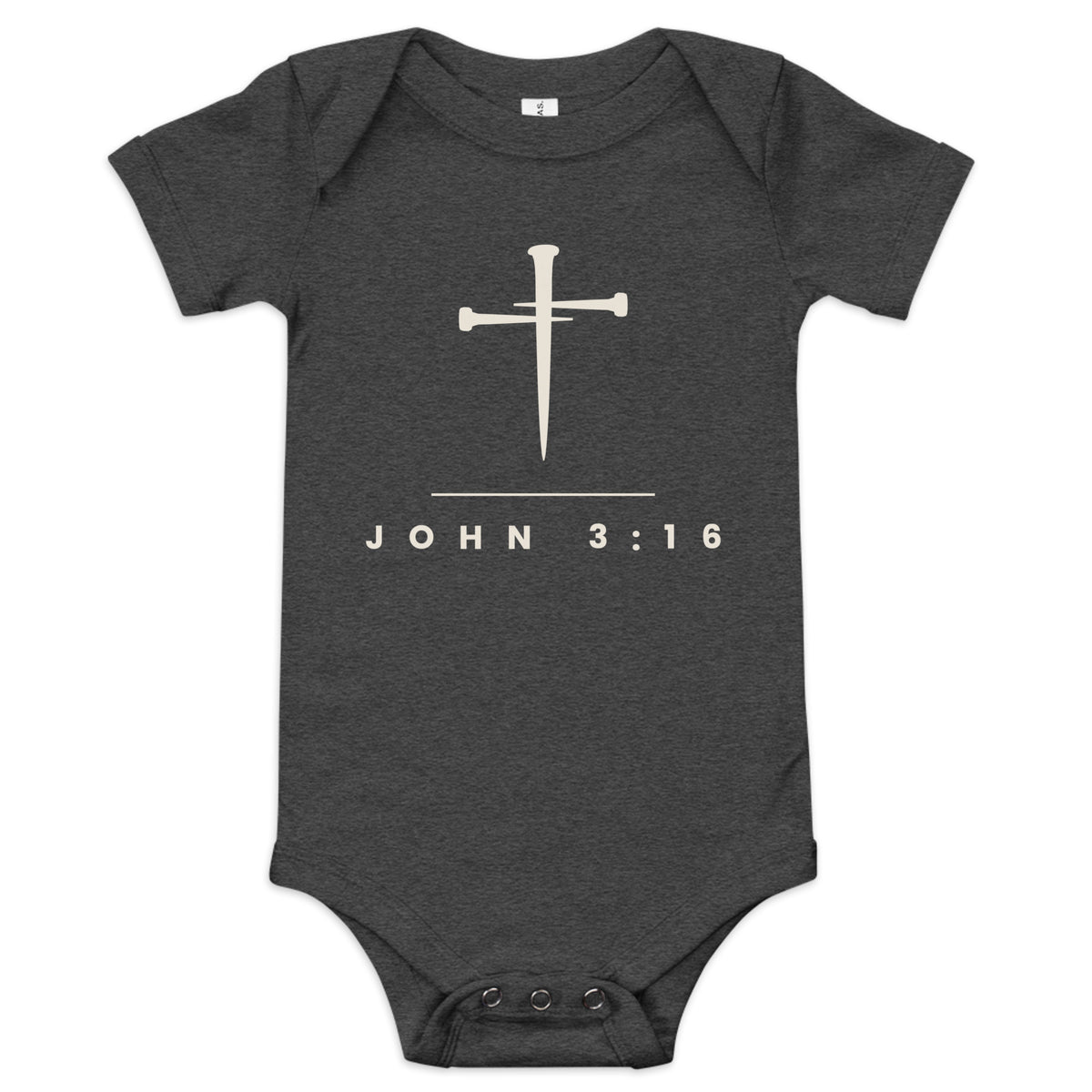 Dark grey heather baby onesie with a cream three-nail cross and JOHN 3:16 - PureBred Faith