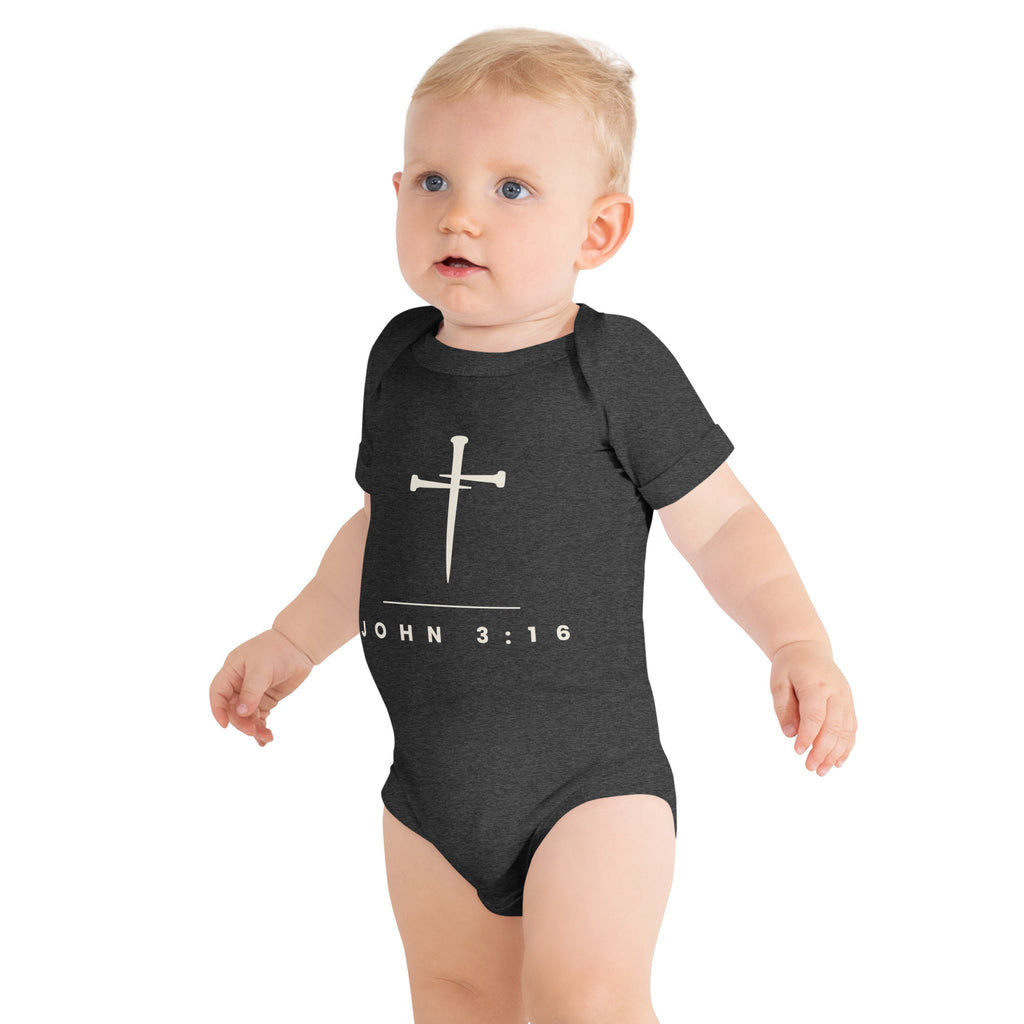 John 3:16 cross and nails baby one piece in dark grey heather, Bella + Canvas 100B
