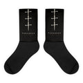 Black crew socks with three large cream nail crosses stacked up the leg above the PUREBRED FAITH wordmark