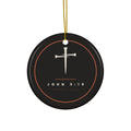 John 3:16 Cross & Nails ceramic Christmas ornament, black circle with cream cross and rust ring, gold hanging string