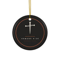 Romans 8:28 Cross & Nails ceramic Christmas ornament, black circle with cream cross and rust ring, gold hanging string