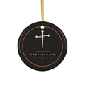 For Unto Us Isaiah 9:6 ceramic Christmas ornament, black circle with cream cross and rust ring, gold hanging string