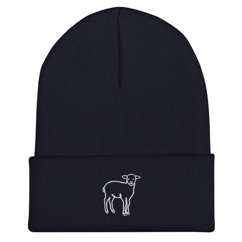 Navy cuffed beanie with the PureBred lamb embroidered on the cuff