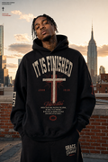 It Is Finished unisex hoodie on-model lookbook shot with cross graphic and John 19:30