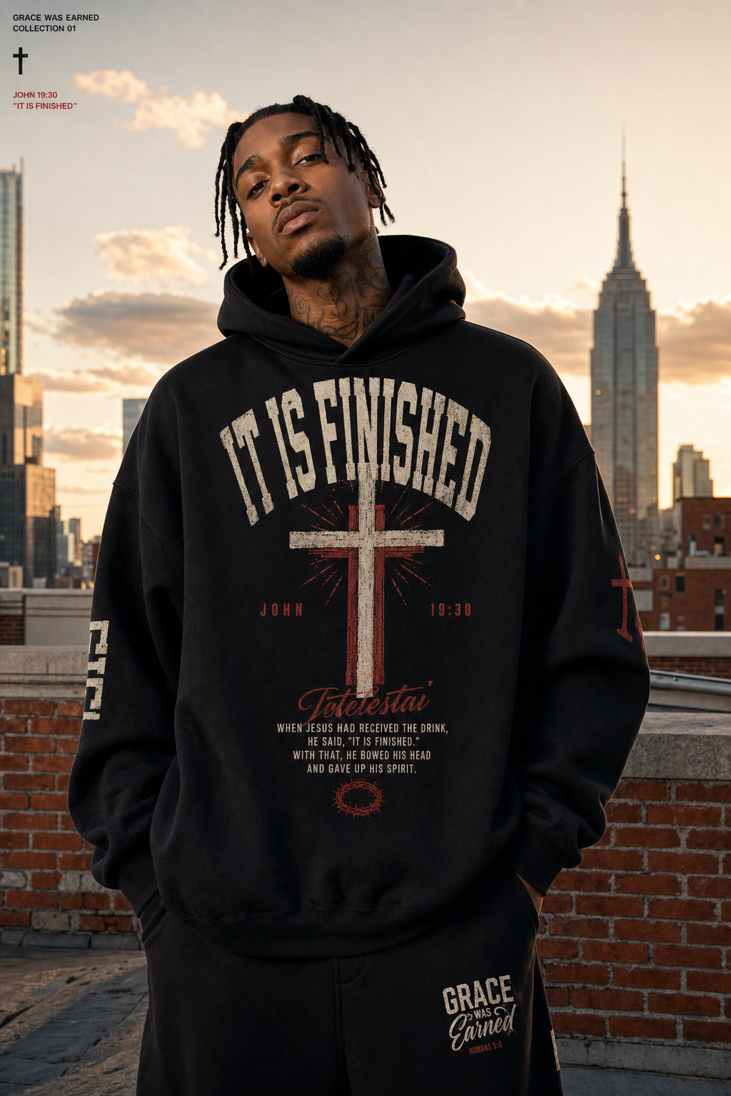 It Is Finished unisex hoodie on-model lookbook shot with cross graphic and John 19:30