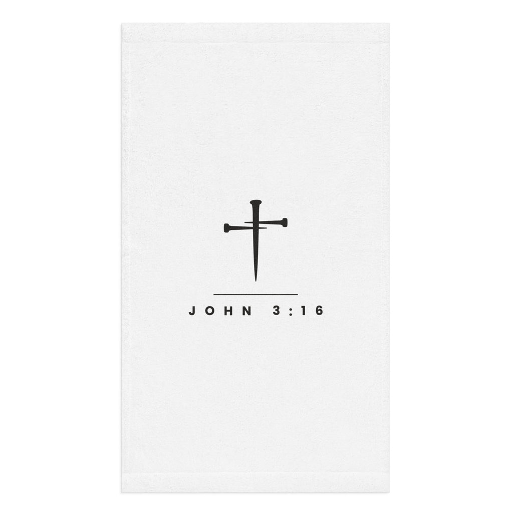 White gym towel with a three-nail cross and JOHN 3:16 printed in dark ink