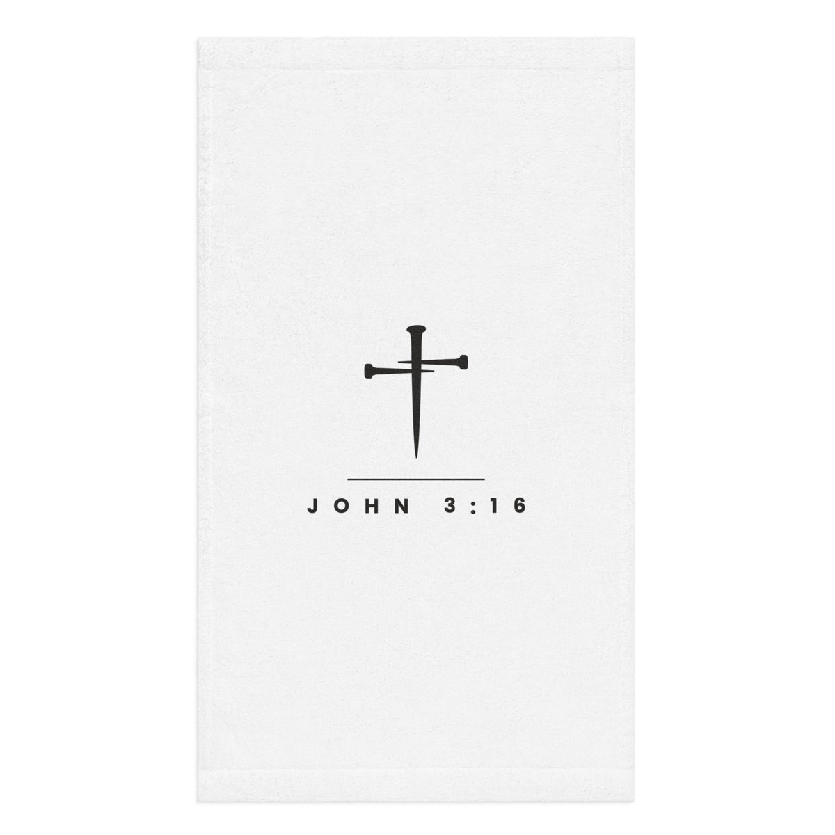 White gym towel with a three-nail cross and JOHN 3:16 printed in dark ink