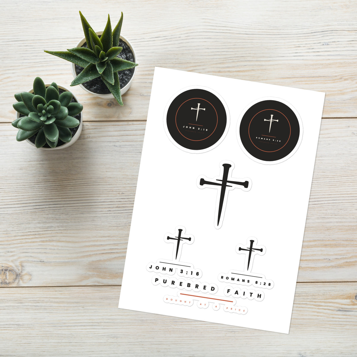 John 3:16 and Romans 8:28 roundel stickers on the sheet