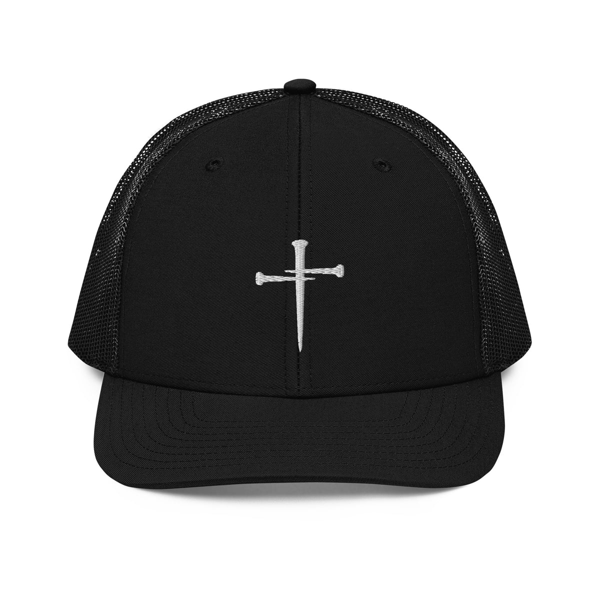 Black snapback trucker cap with a white embroidered three-nail cross