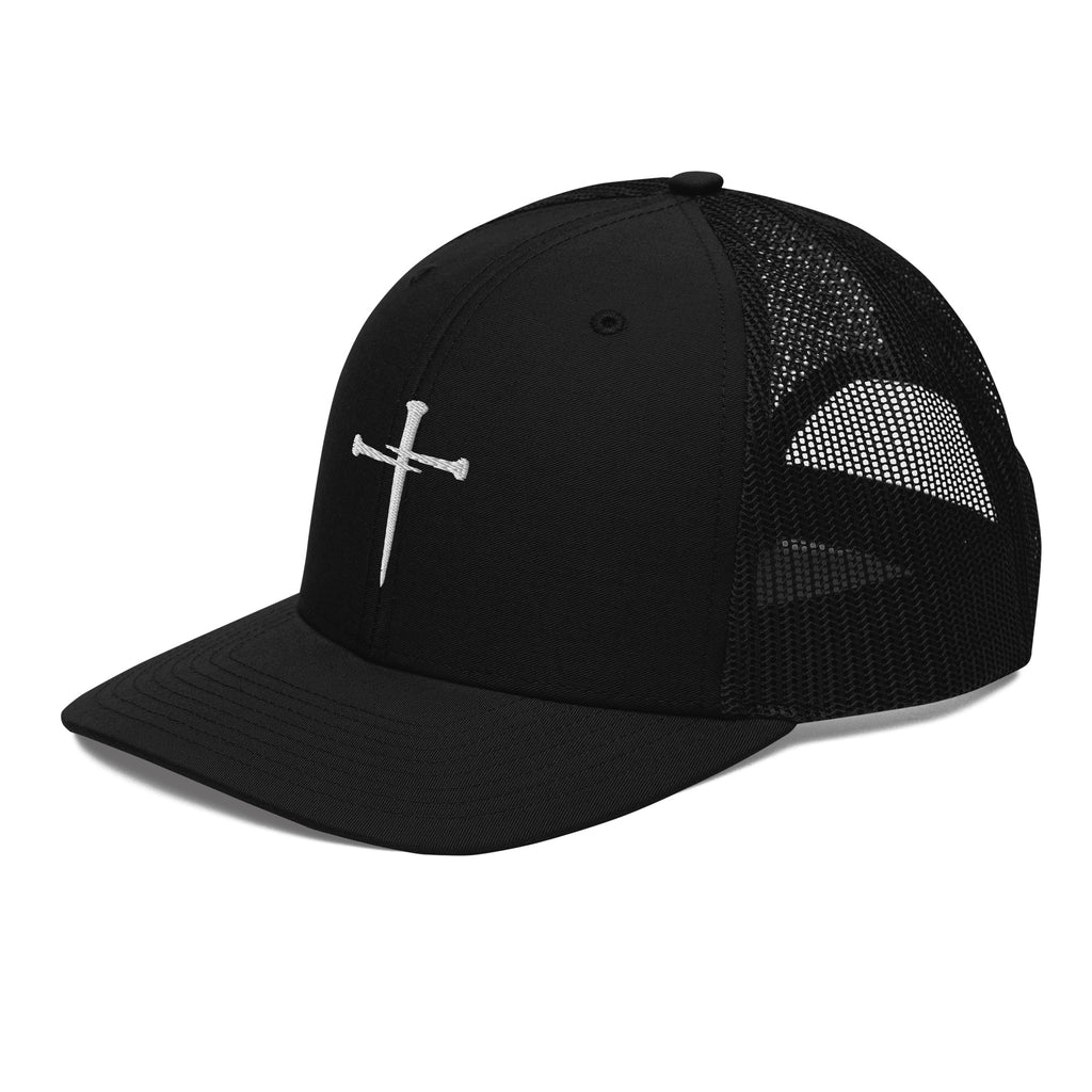 Side profile of the black snapback trucker cap