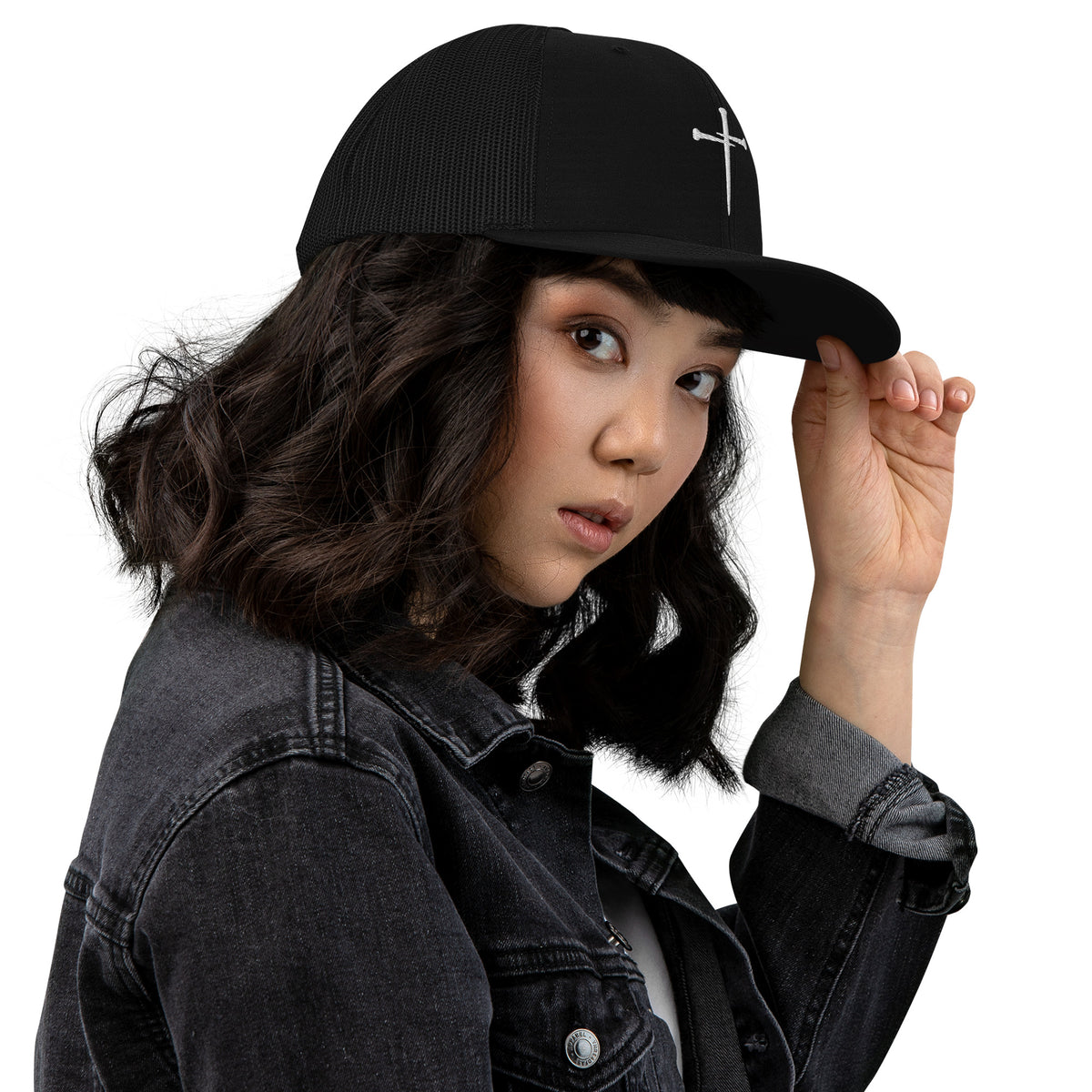 The PureBred Cross embroidered cap detail shot