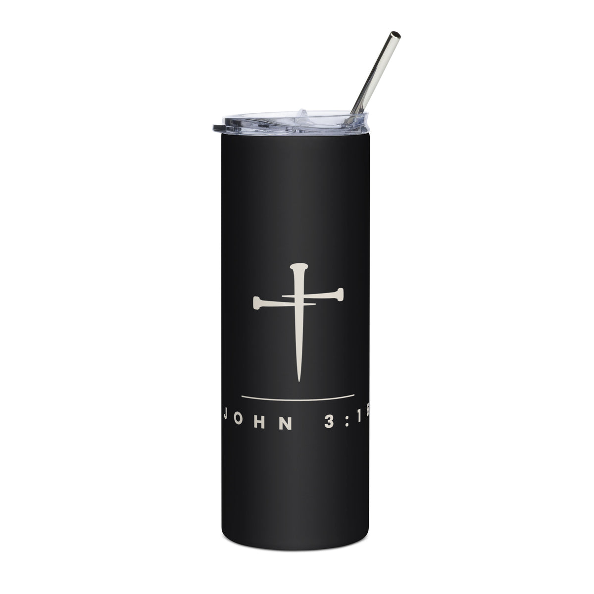 Black stainless steel tumbler with a cream three-nail cross and JOHN 3:16