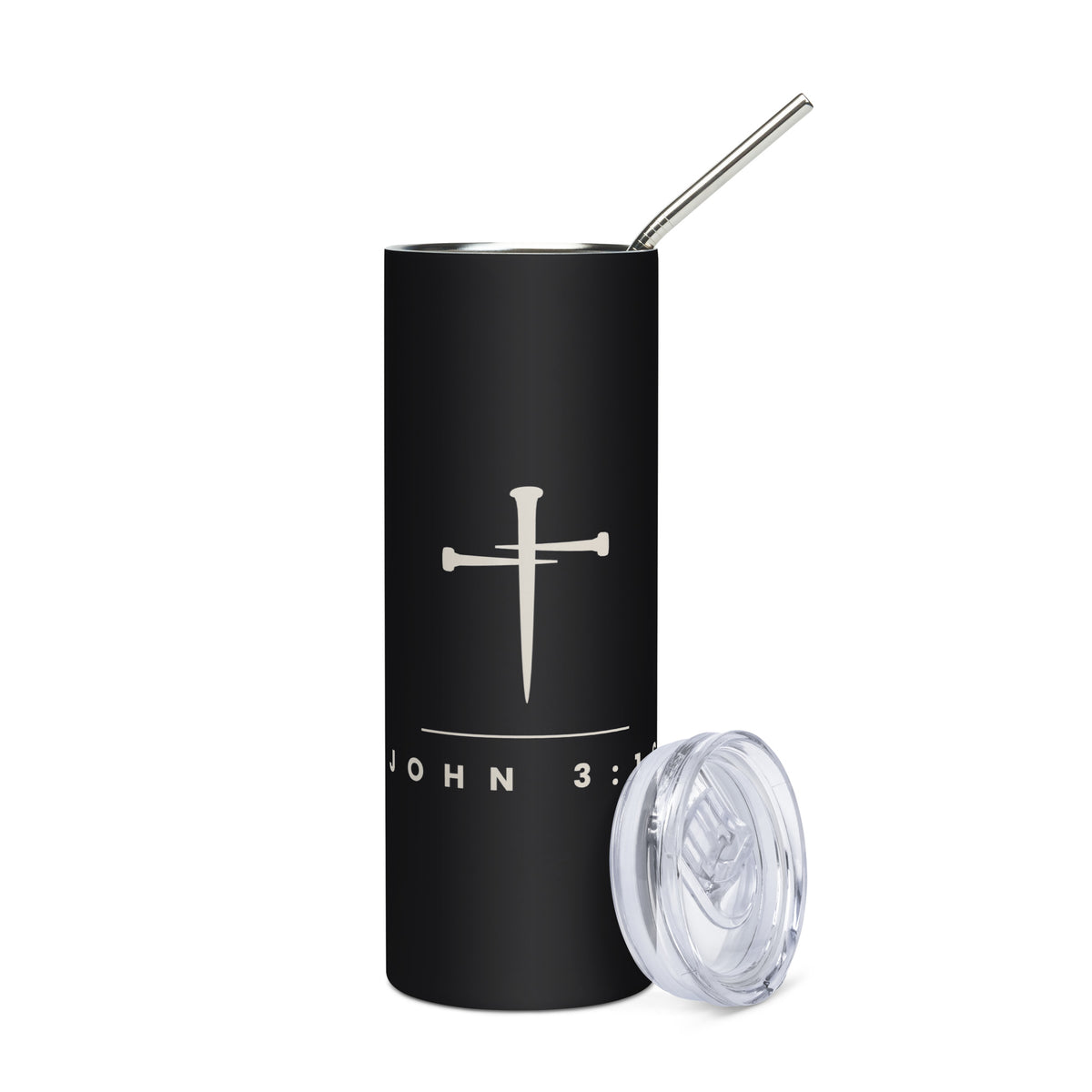 Hand holding the John 3:16 cross and nails tumbler