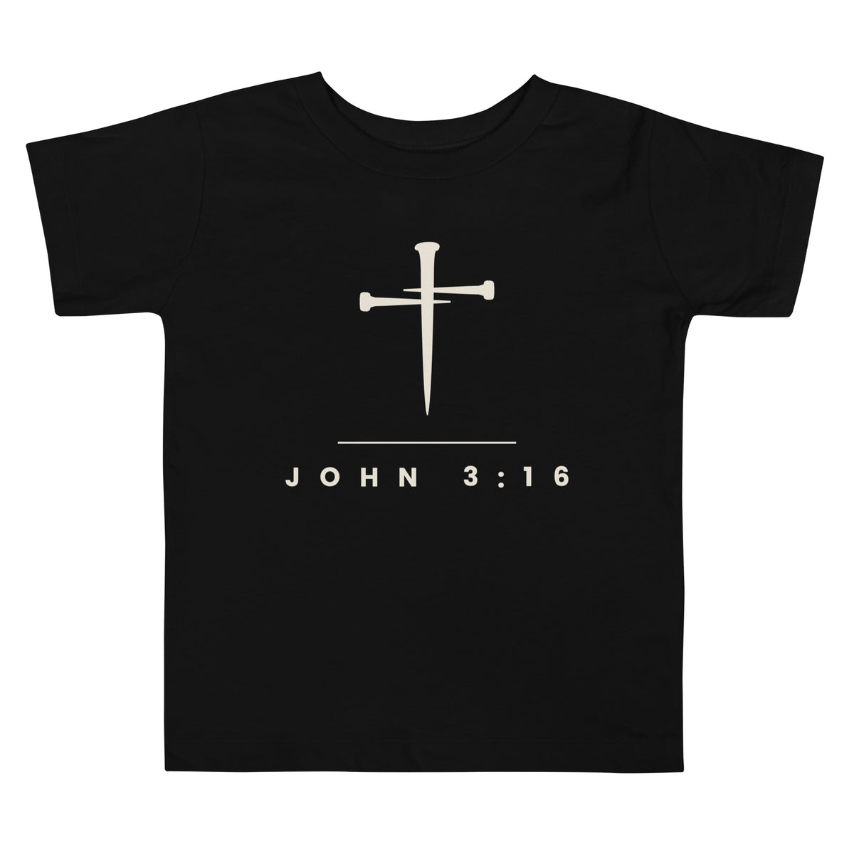 Black toddler t-shirt with a cream three-nail cross and JOHN 3:16 - PureBred Faith