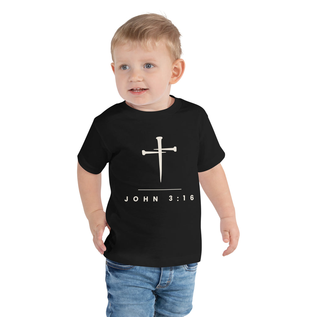 John 3:16 cross and nails toddler tee in black, Bella + Canvas 3001T