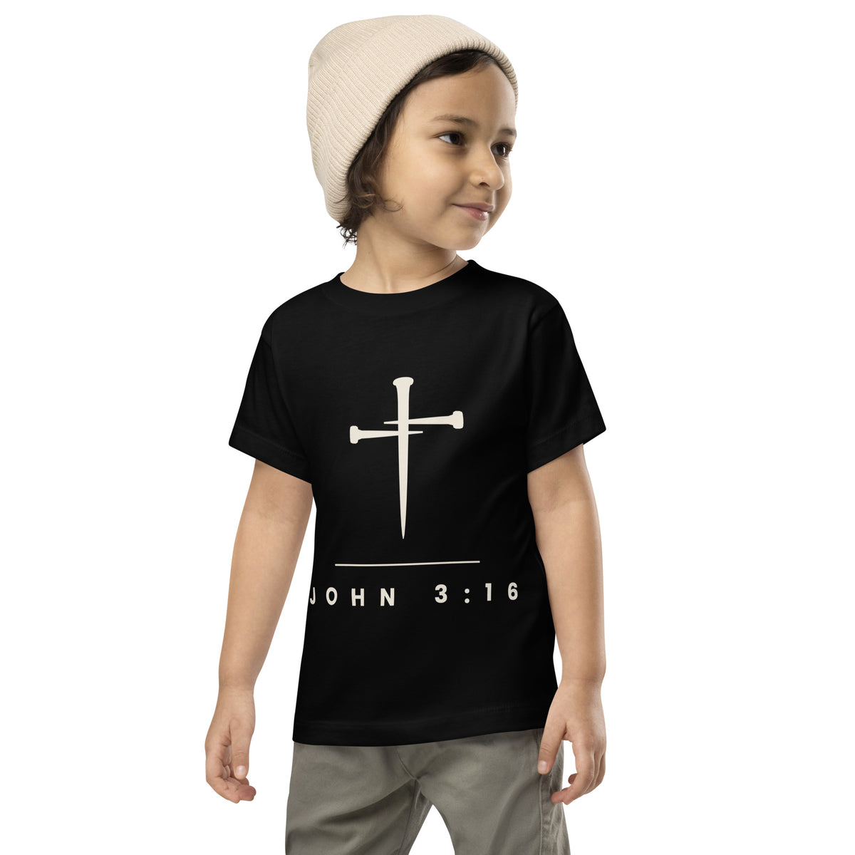 Christian toddler t-shirt in black with a three-nail cross and the John 3:16 verse