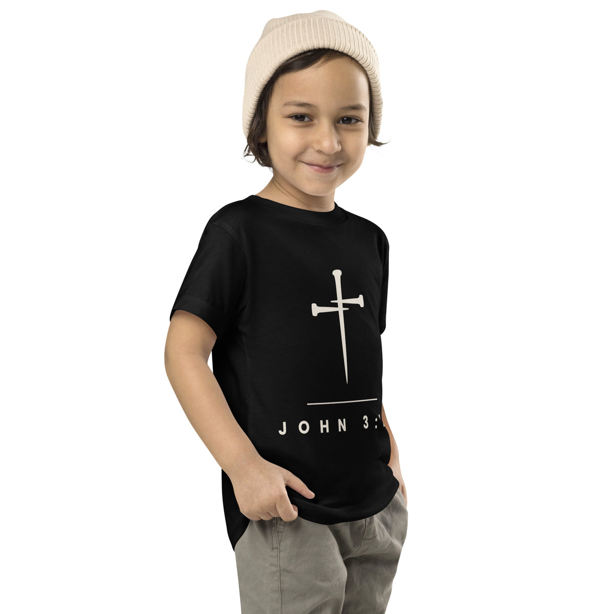 Side view of the black John 3:16 cross and nails toddler tee