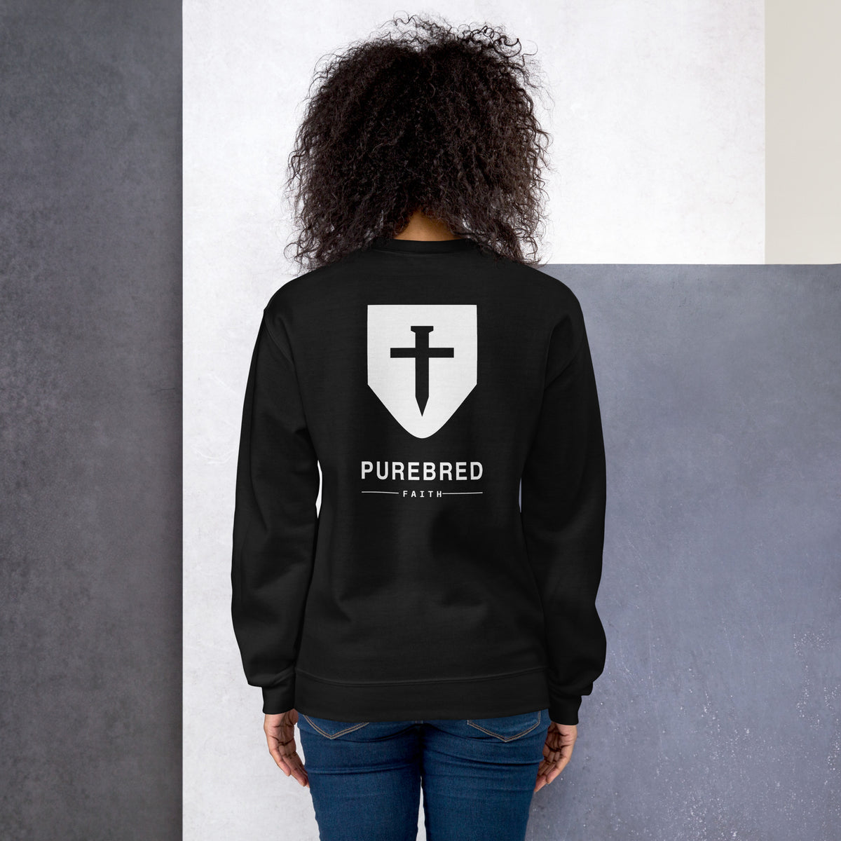 John 3:16 Cross & Nails Crewneck Sweatshirt - navy, back view with the PureBred Faith shield