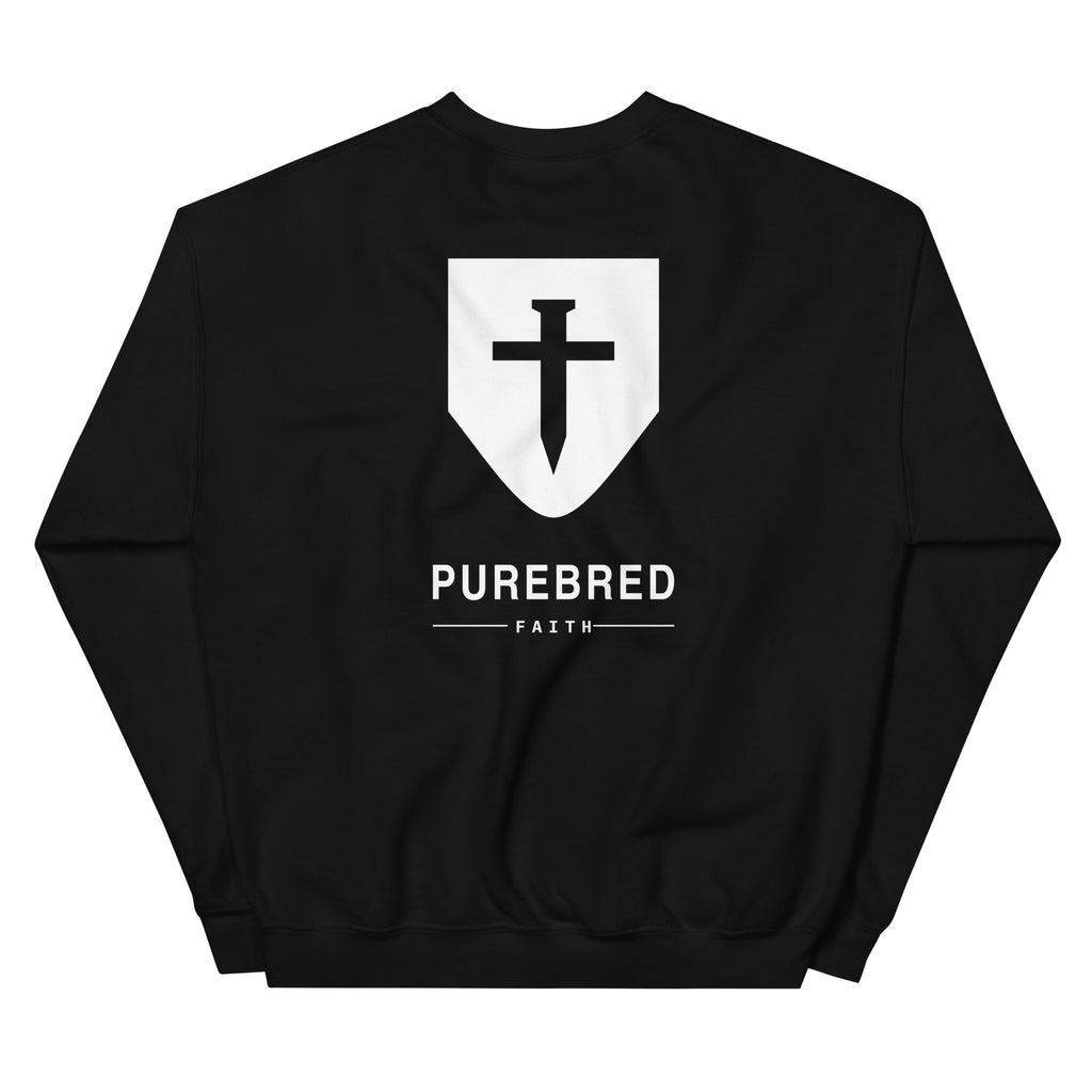 Romans 8:28 Cross & Nails Crewneck Sweatshirt - black, back view with the PureBred Faith shield