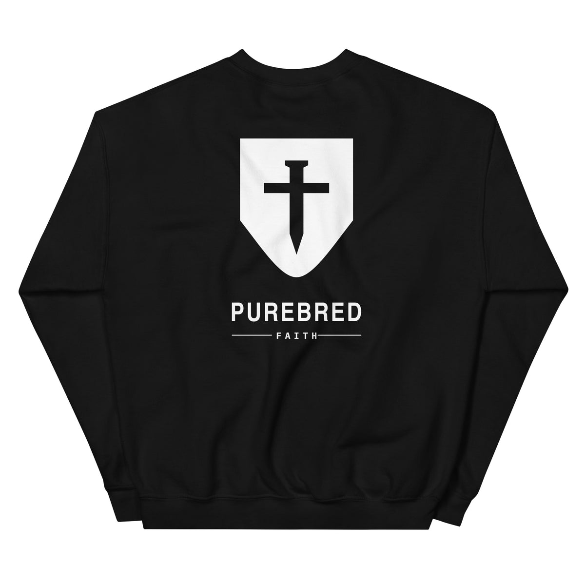 Romans 8:28 Cross & Nails Crewneck Sweatshirt - black, back view with the PureBred Faith shield