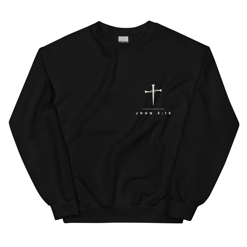 John 3:16 Cross & Nails Crewneck Sweatshirt - black, front view with the cross and nails on the left chest
