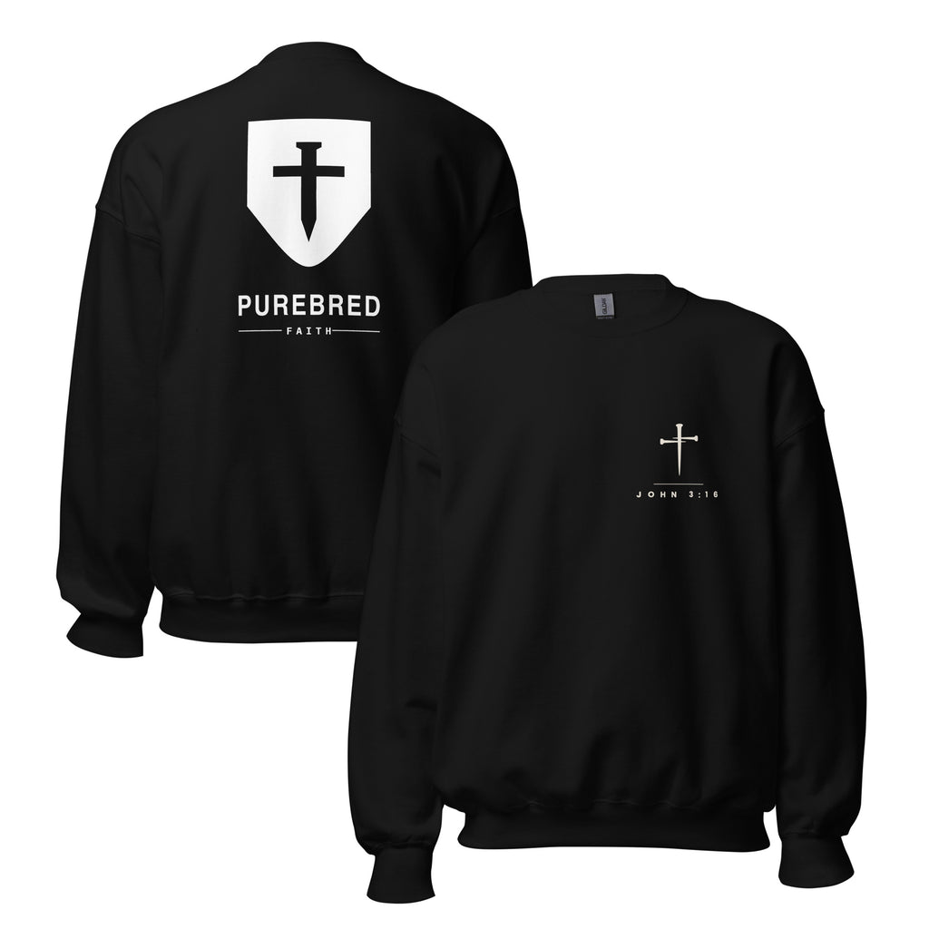John 3:16 Cross & Nails Crewneck Sweatshirt - black, back view with the PureBred Faith shield