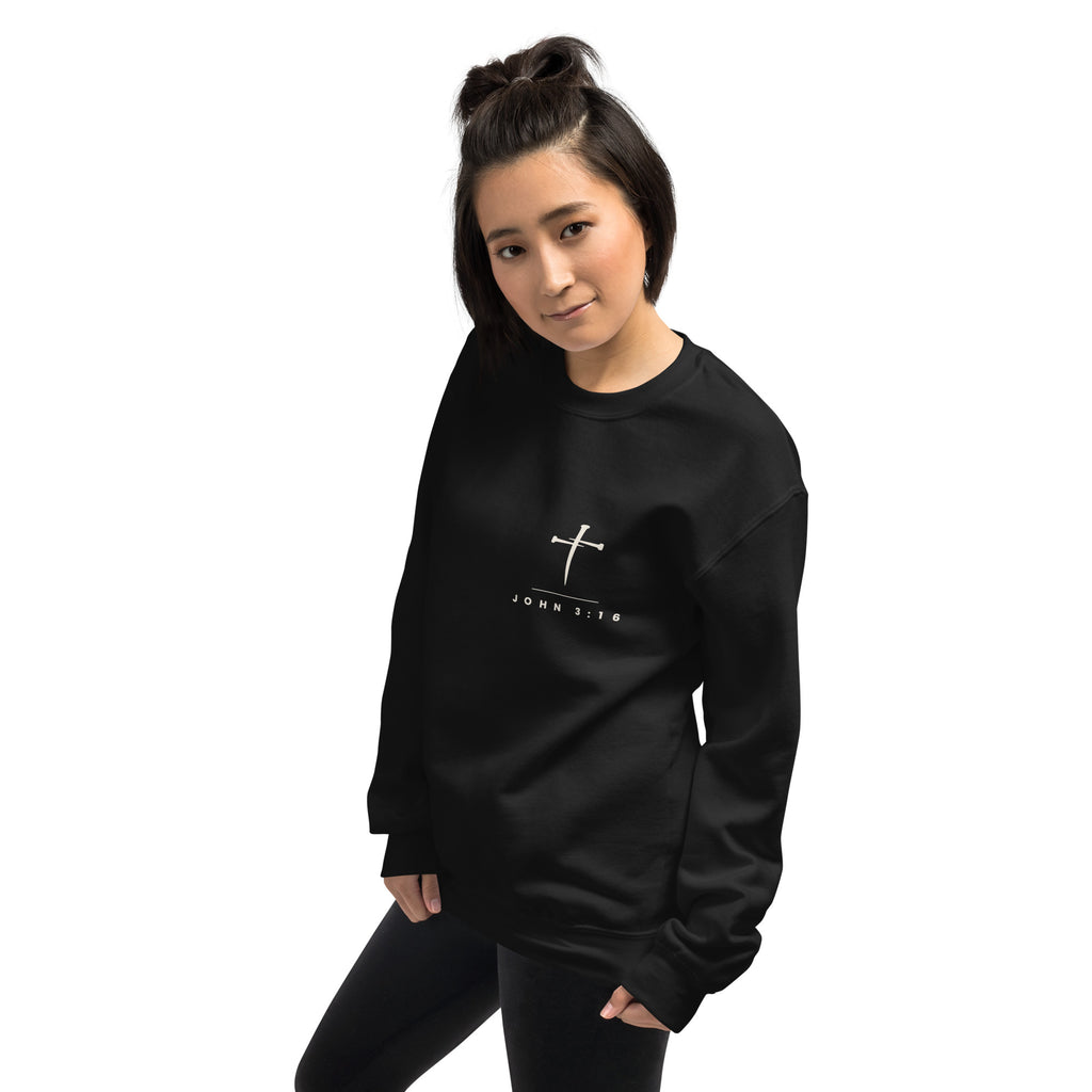 John 3:16 Cross & Nails Crewneck Sweatshirt - black crewneck lifestyle shot