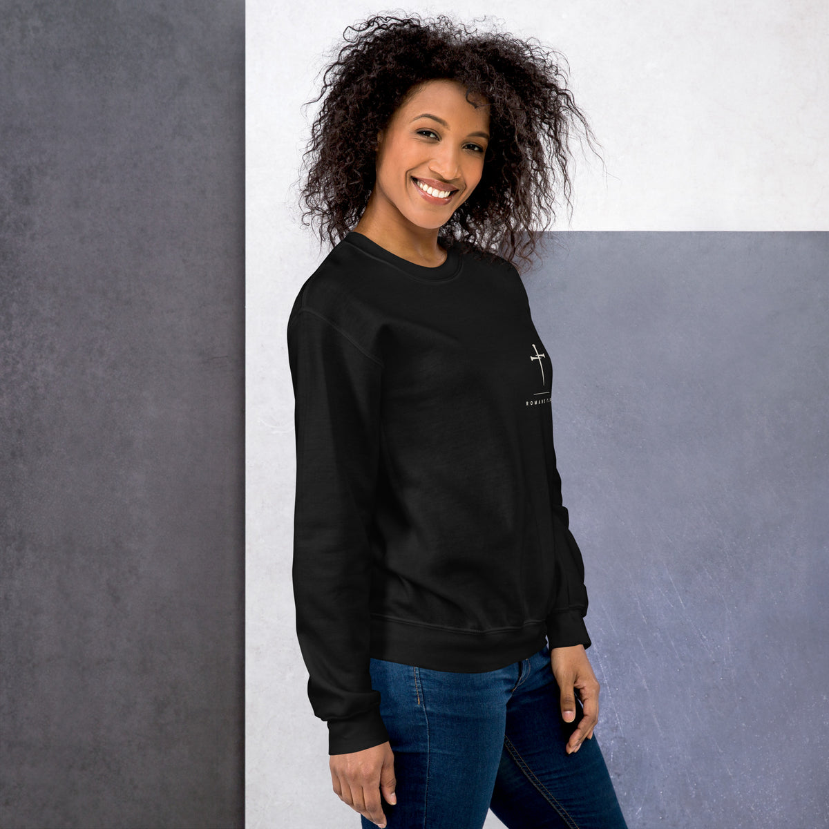 Romans 8:28 Crewneck Sweatshirt worn - black, right side