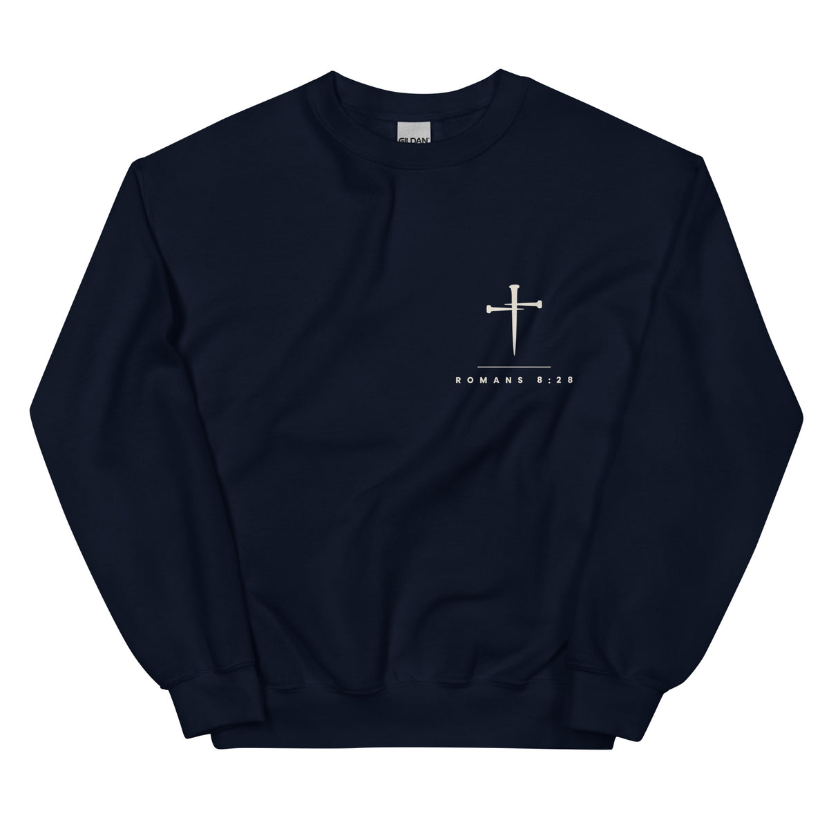 Romans 8:28 Cross & Nails Crewneck Sweatshirt - navy, front view