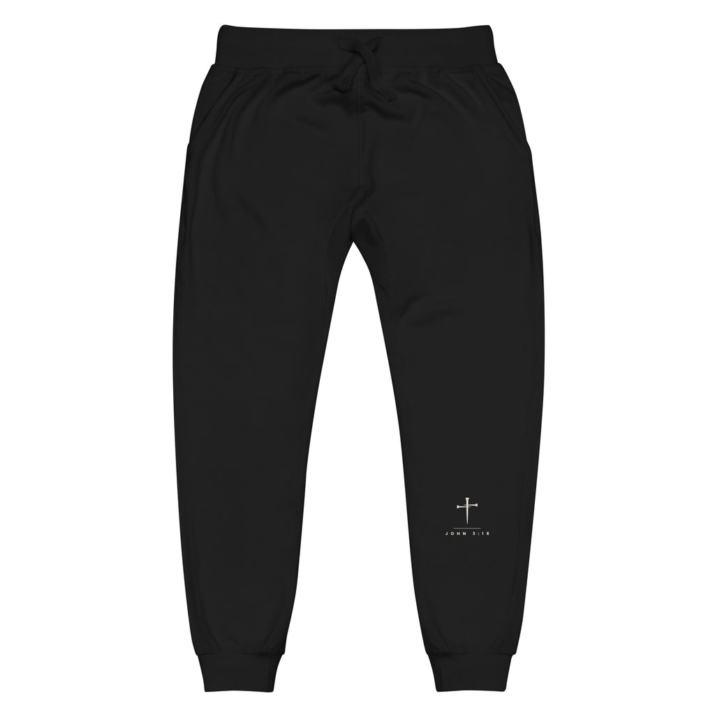 John 3:16 Cross & Nails Sweatpants — black fleece sweatpants, front view with the cross and three nails on the left leg