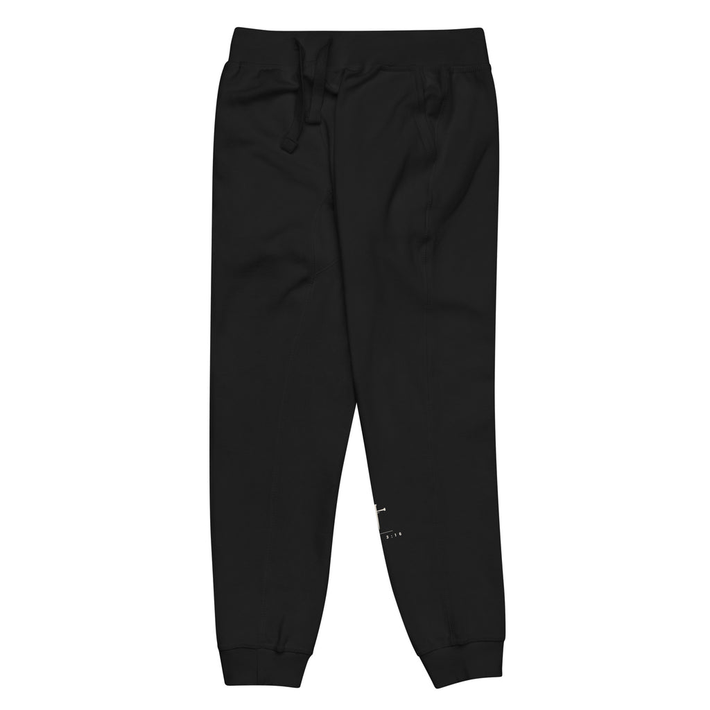 John 3:16 Cross & Nails Sweatpants — black, close view of the John 3:16 print on the left leg