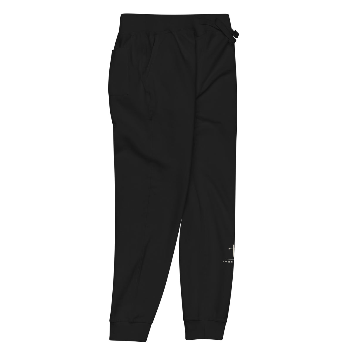 John 3:16 Cross & Nails Sweatpants — black fleece sweatpants, right side view