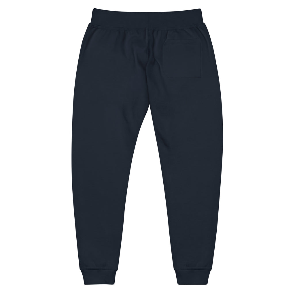 Romans 8:28 Cross & Nails Sweatpants - navy fleece joggers, back view