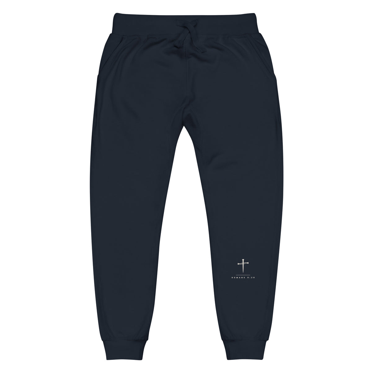 Romans 8:28 Cross & Nails Sweatpants - navy fleece joggers, front view with the left leg print