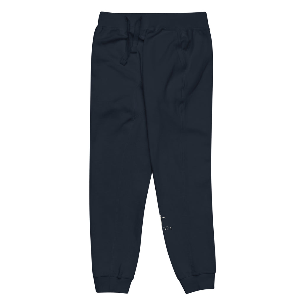 John 3:16 Cross & Nails Sweatpants — navy, close view of the John 3:16 print on the left leg