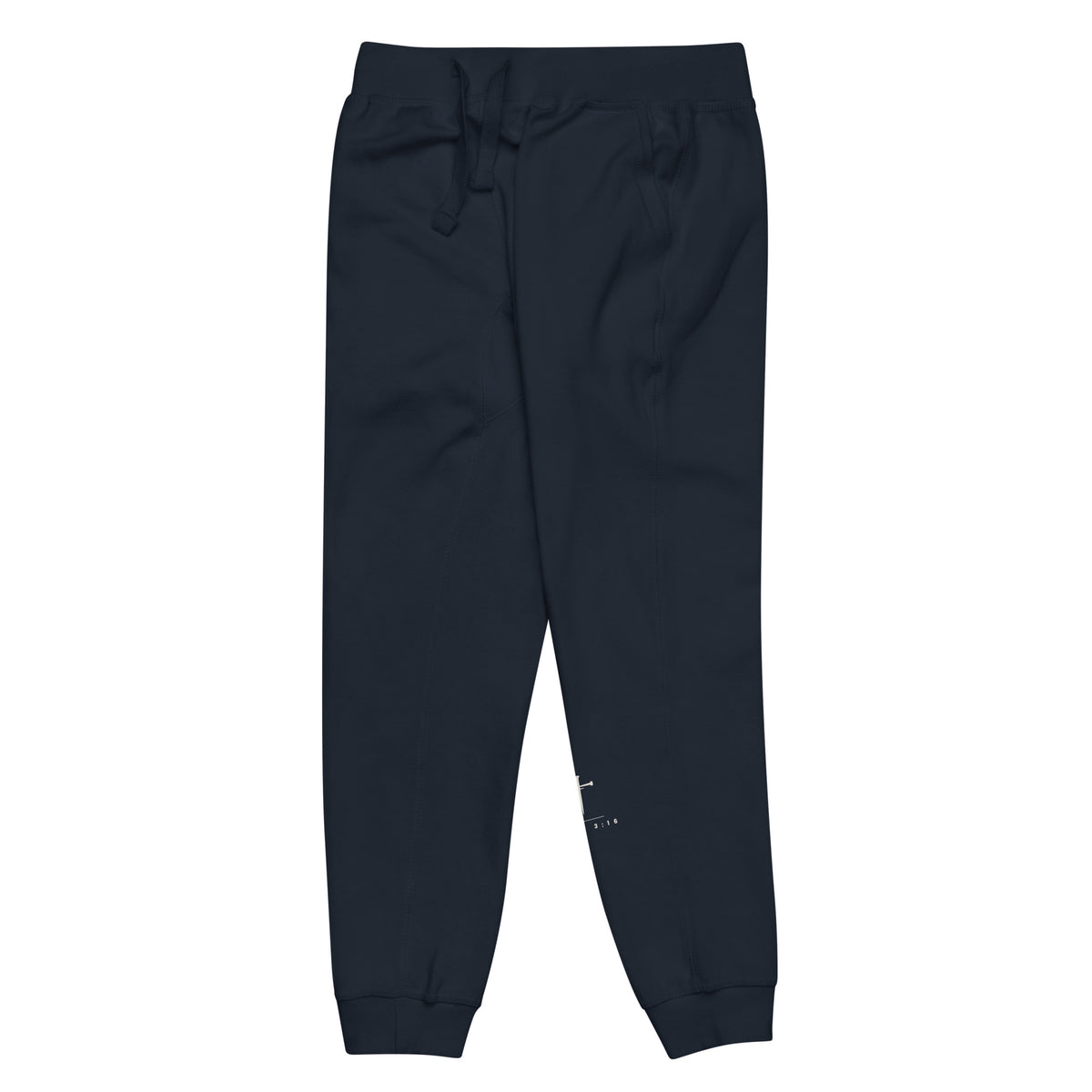 John 3:16 Cross & Nails Sweatpants — navy, close view of the John 3:16 print on the left leg