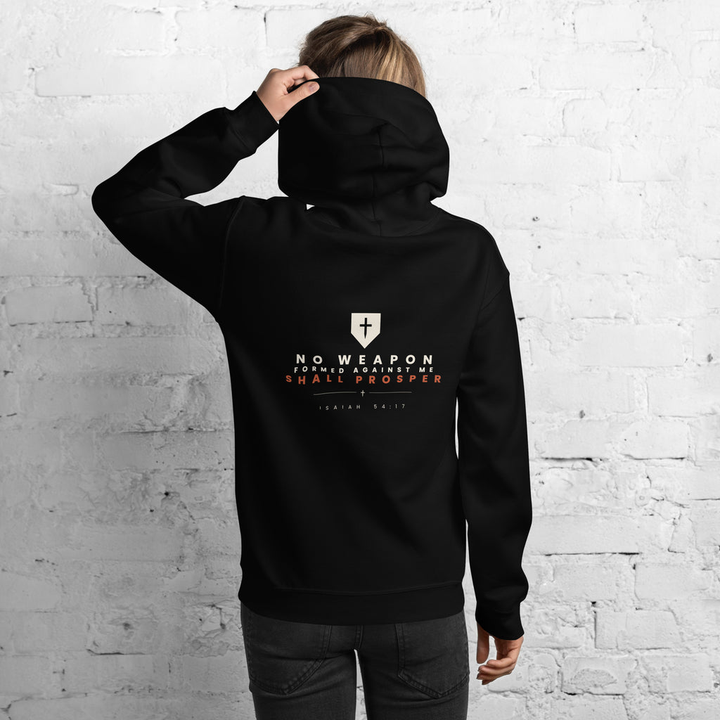 No Weapon Formed Against Me Hoodie — model wearing the black hoodie, back view with the Isaiah 54:17 design