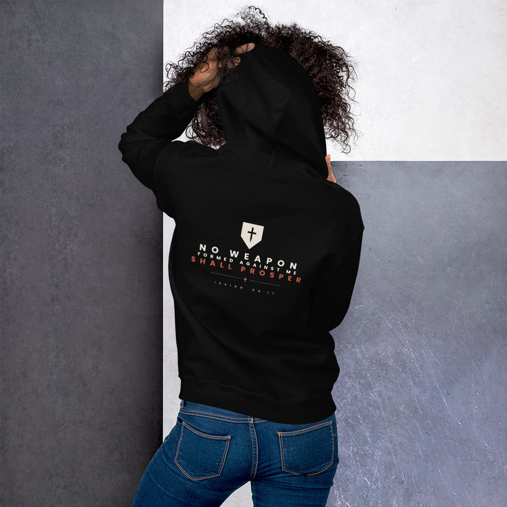 No Weapon Formed Against Me Hoodie — model in the black hoodie from behind, showing the back print