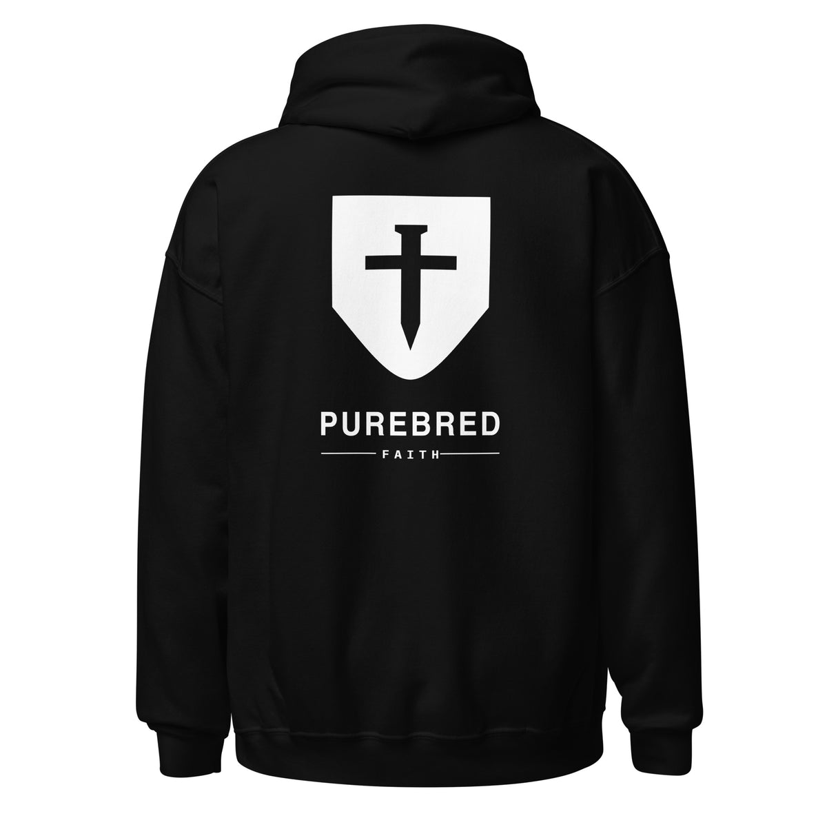 Back of the black PureBred Faith hoodie showing the cross shield logo and PureBred Faith wordmark