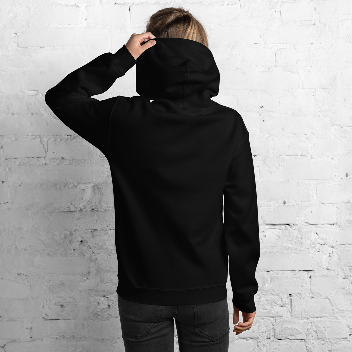 Job 13:15 black hoodie worn, back view