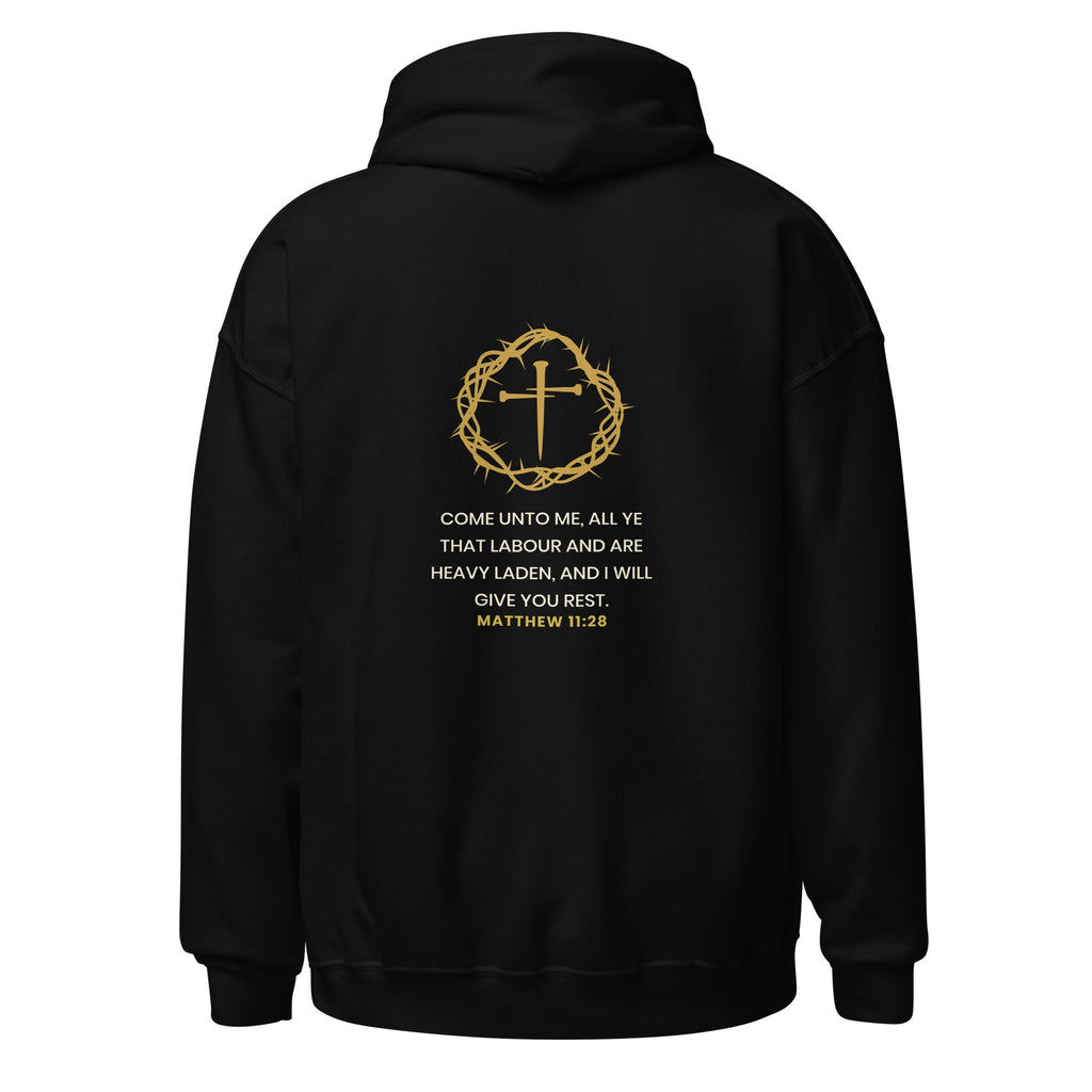 He Bore It All hoodie back with crown and cross mark and Matthew 11:28, black