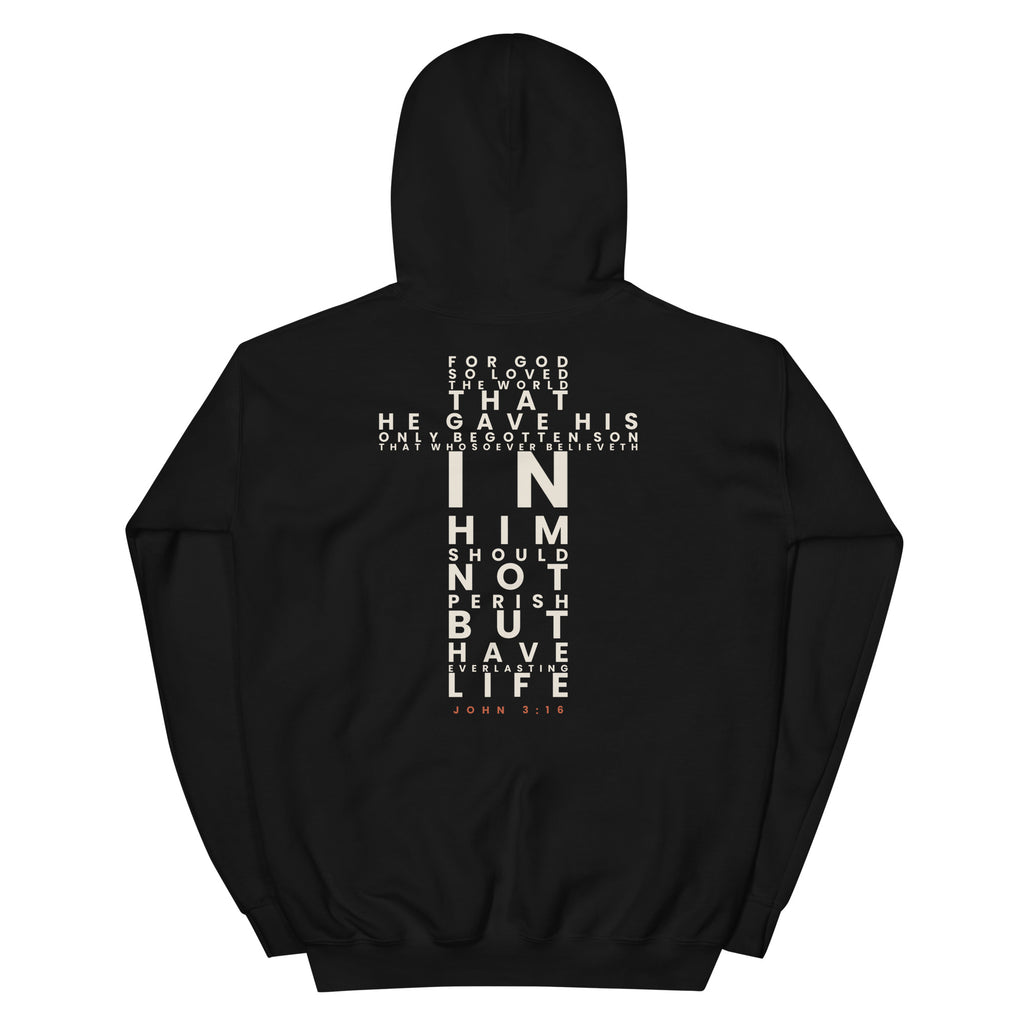 John 3:16 Scripture Cross Christian hoodie - black, back view with the full verse set in the shape of a cross