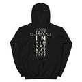 John 3:16 Scripture Cross Christian hoodie - black, back view with the full verse set in the shape of a cross